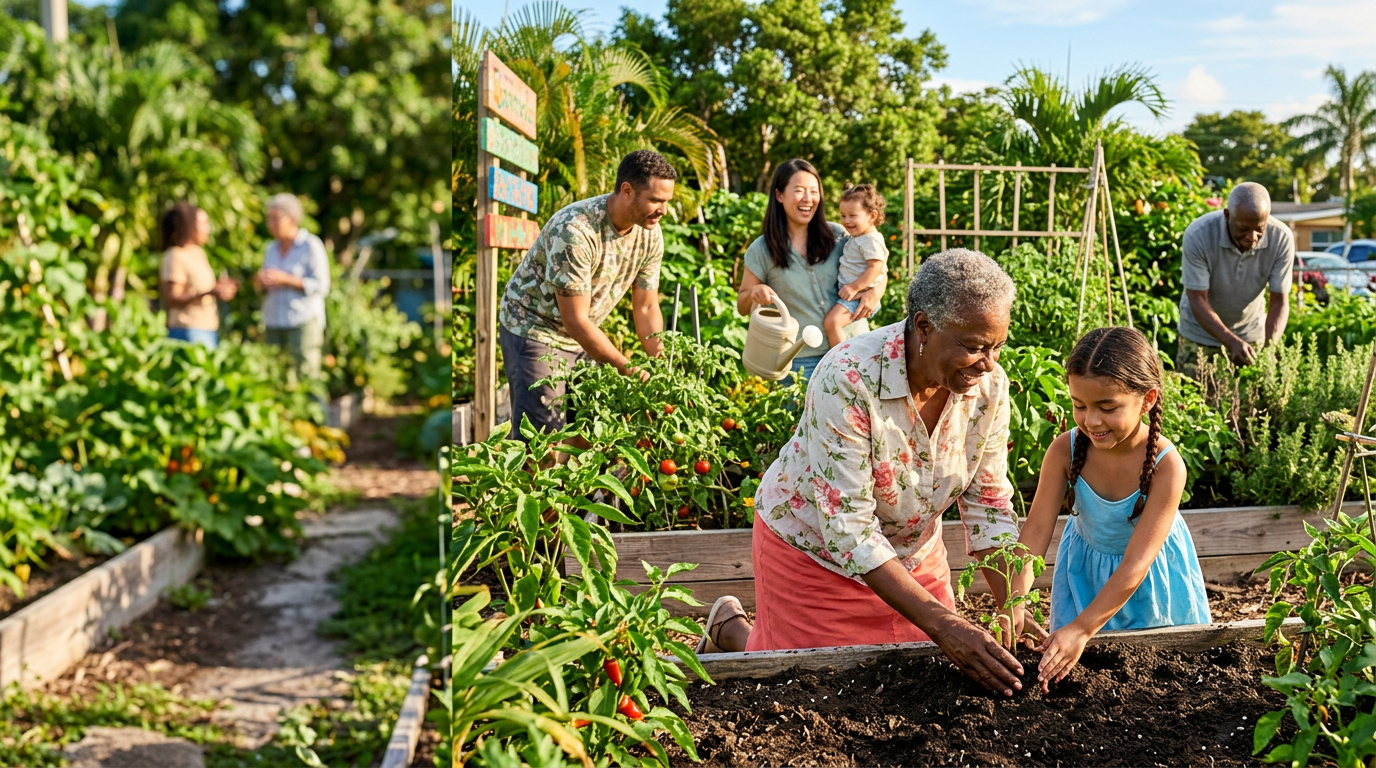 Neighbors caring for a young plant together in a community garden